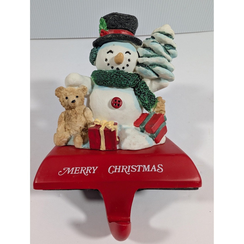Santas Workbench Snowman Teddy Bear Hand Painted Resin Christmas Stocking Holder